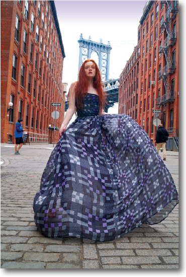 Model in DUMBO, Brooklyn, modelling Toshie Tartan